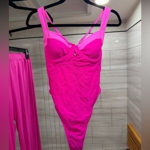 SUPER High Waist One-Piece Swimsuit comes with Pink See Through Cover Up Pants.